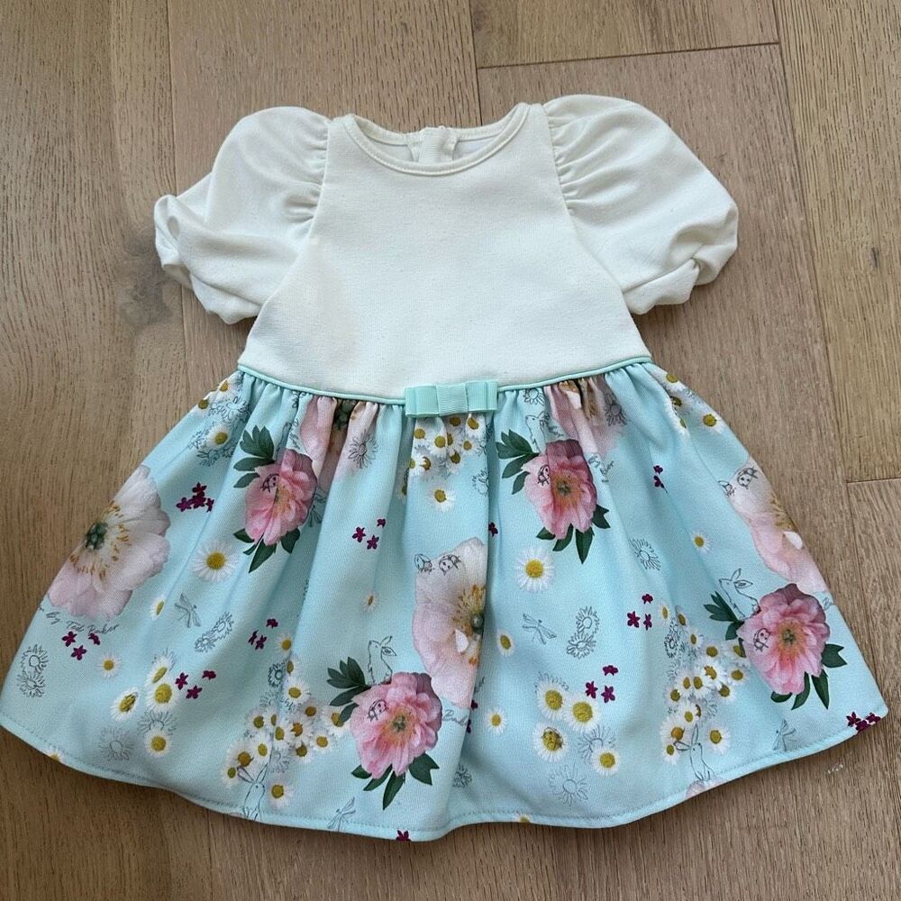 Ted Baker White Blue Floral Puff Sleeve Party Summer Dress Size 6-9 Months